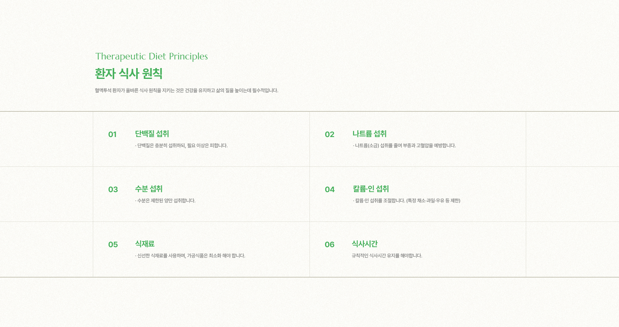환자 식사 원칙 | 1. 단백질 섭취, 2. 나트륨 섭취, 3. 수분 섭취, 4. 칼륨, 인 섭취, 5. 식재료, 6. 식사시간